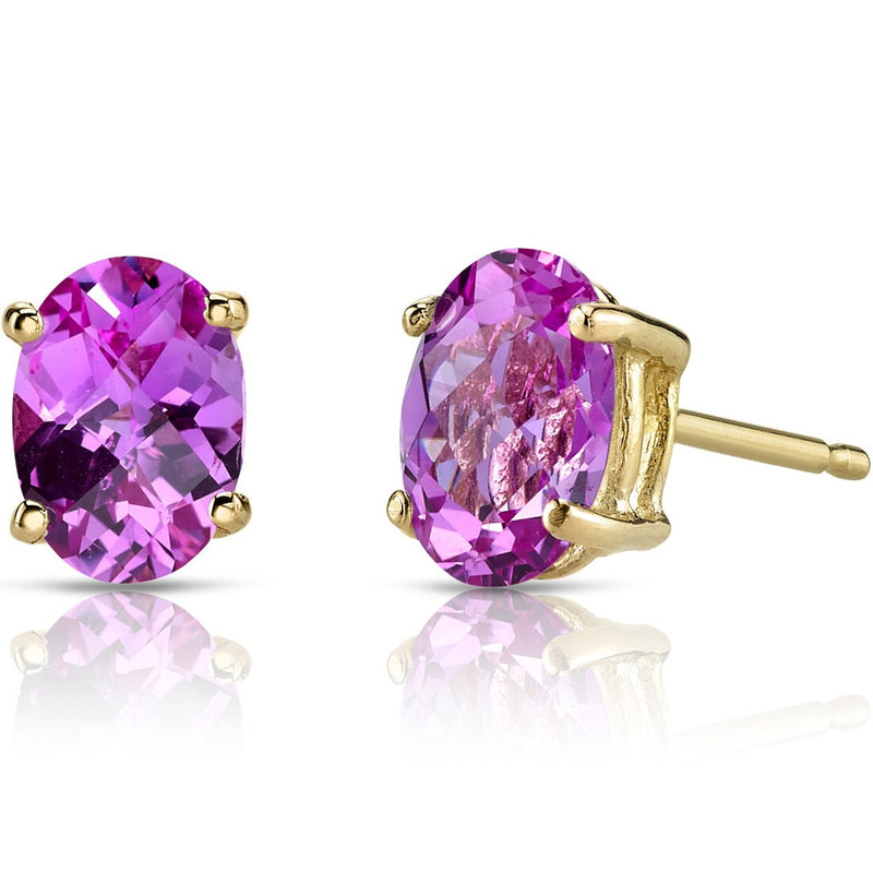 14K Yellow Gold Oval Shape 2.00 Carats Created Pink Sapphire Stud Earrings