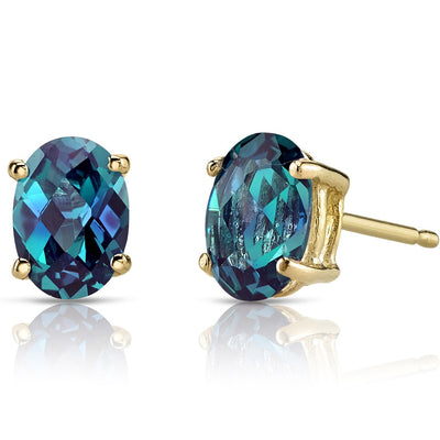 Alexandrite Stud Earrings 14K Yellow Gold Oval Shape 2 Carats