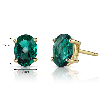 14K Yellow Gold Oval Shape 1.50 Carats Created Emerald Stud Earrings