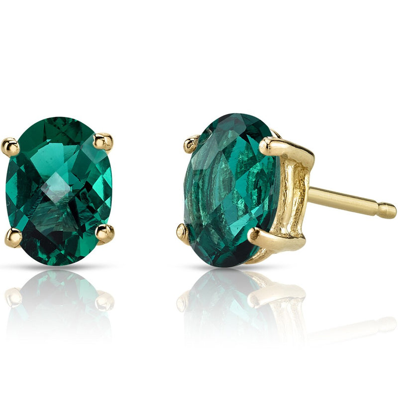 Emerald Stud Earrings 14K Yellow Gold Oval Shape 1.50 Carats