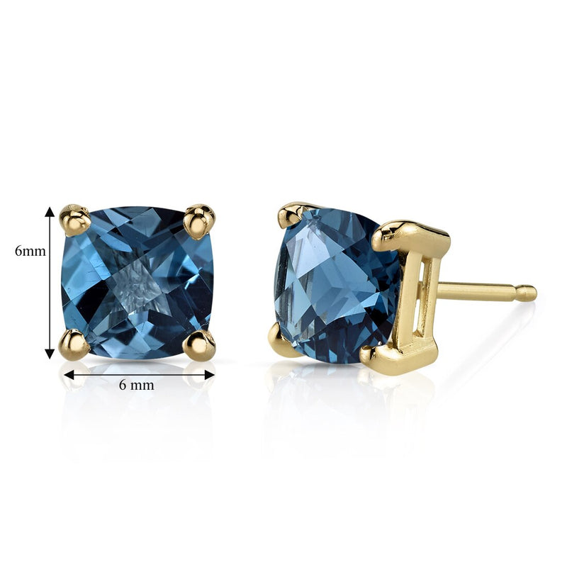 London Blue Topaz Stud Earrings 14K Yellow Gold 2.25 Carats Cushion Cut