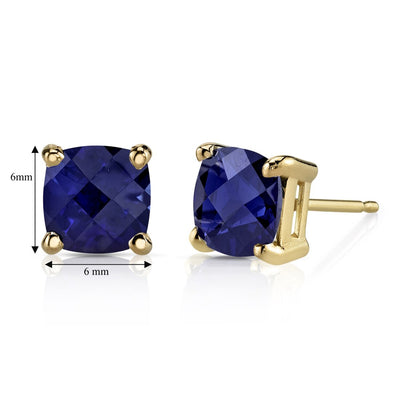 14K Yellow Gold Cushion Cut 2.50 Carats Created Blue Sapphire Stud Earrings
