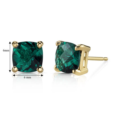 14K Yellow Gold Cushion Cut 1.75 Carats Created Emerald Stud Earrings