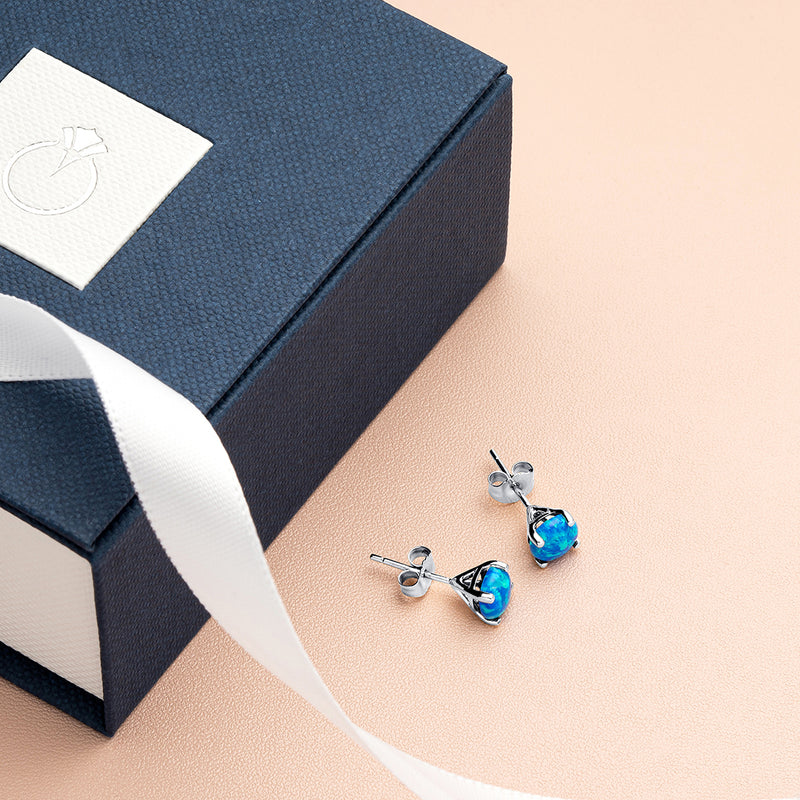 14K White Gold Round Cut Created Blue Opal Stud Earrings E19136 gift box