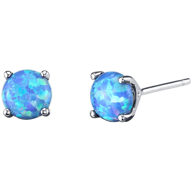 14K White Gold Round Cut Created Blue Opal Stud Earrings