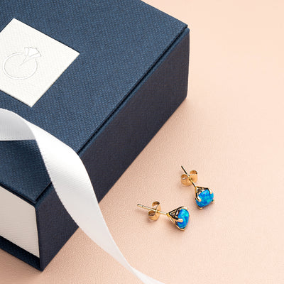 14K Yellow Gold Round Cut Created Blue Opal Stud Earrings E19142-giftbox