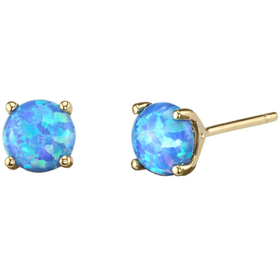 14K Yellow Gold Round Cut Created Blue Opal Stud Earrings E19142