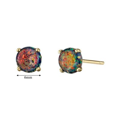 14K Yellow Gold Round Cut Created Black Opal Stud Earrings