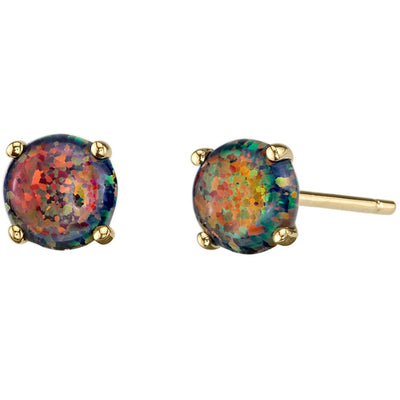 14K Yellow Gold Round Cut Created Black Opal Stud Earrings