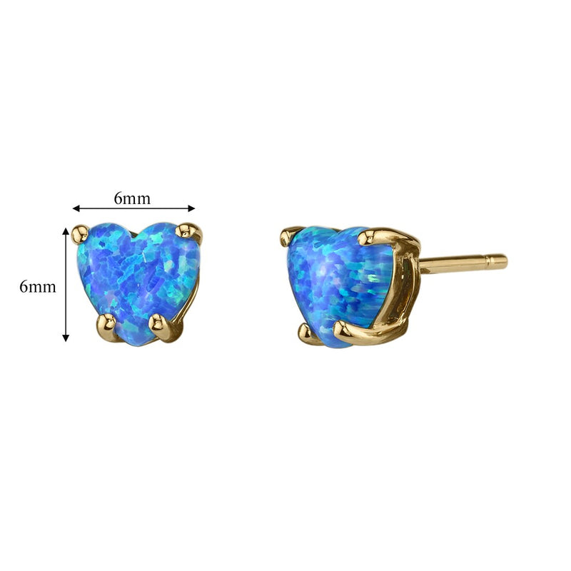 Heart Shape Blue Opal Stud Earrings 14K Yellow Gold 1 Carat