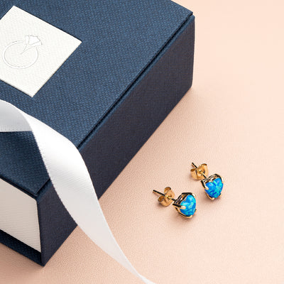 14K Yellow Gold Heart Shape Created Blue Opal Stud Earrings