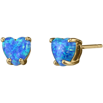 Heart Shape Blue Opal Stud Earrings 14K Yellow Gold 1 Carat