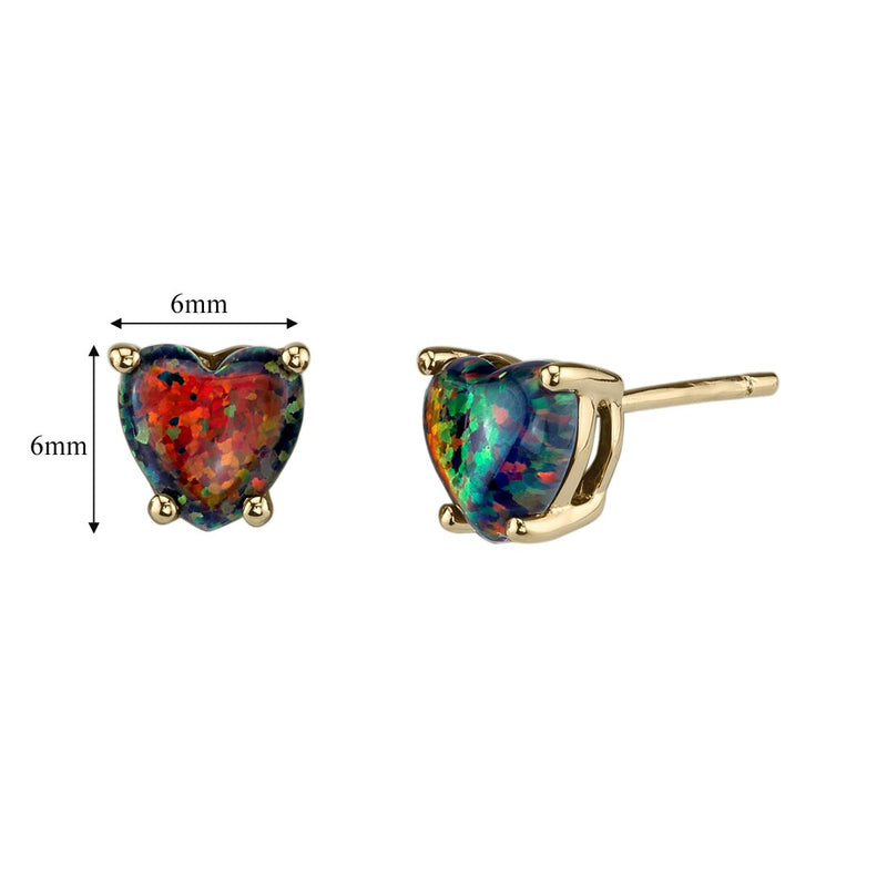 14K Yellow Gold Heart Shape Created Black Opal Stud Earrings E191700-dimensions