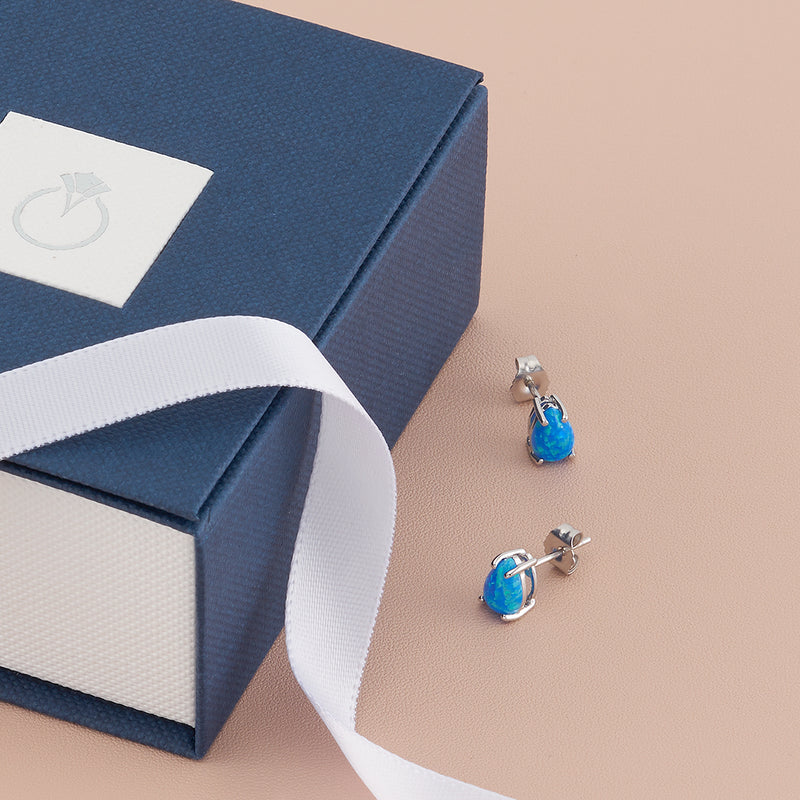 14K White Gold Pear Shape Created Blue Opal Stud Earrings