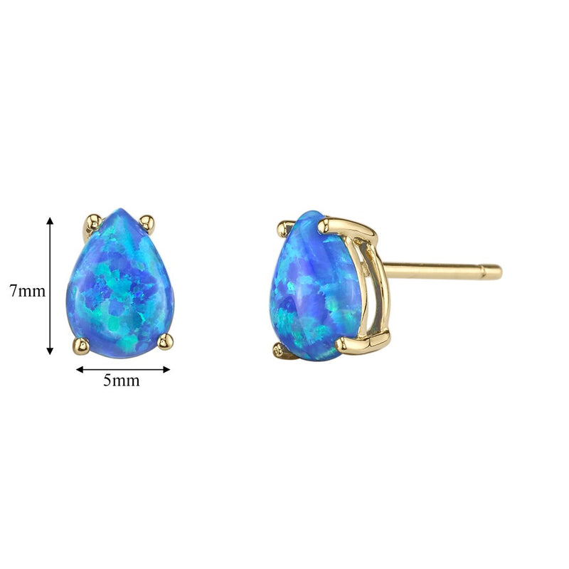 Pear Shape Blue Opal Stud Earrings 14K Yellow Gold 1 Carat