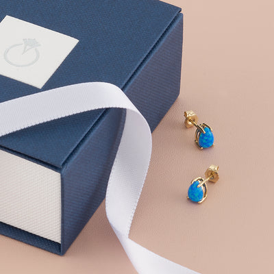 Pear Shape Blue Opal Stud Earrings 14K Yellow Gold 1 Carat