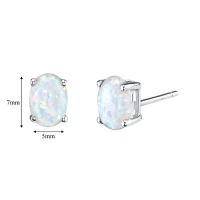 14K White Gold Oval Shape Created Opal Stud Earrings