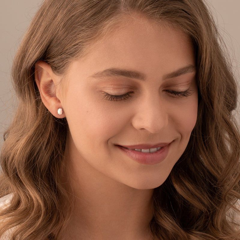 14K White Gold Oval Shape Created Opal Stud Earrings