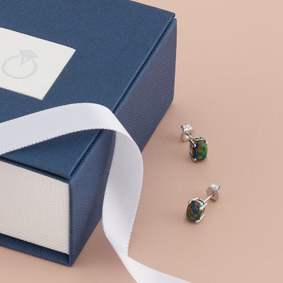 14K White Gold Oval Shape Created Black Opal Stud Earrings