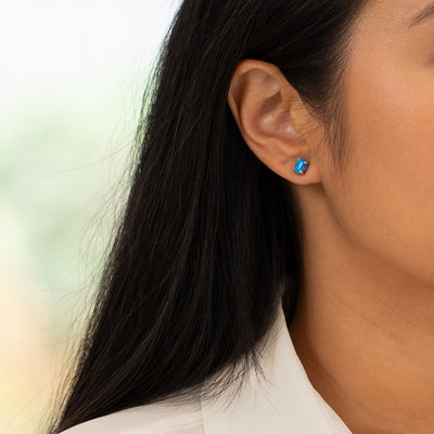 14K Yellow Gold Oval Shape Created Blue Opal Stud Earrings