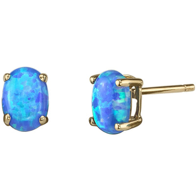 14K Yellow Gold Oval Shape Created Blue Opal Stud Earrings