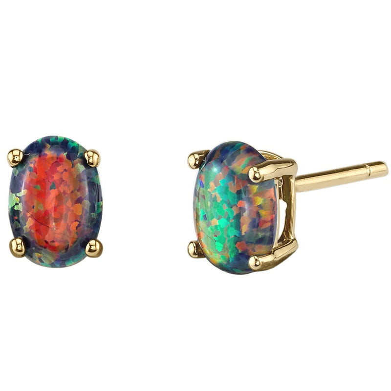 14K Yellow Gold Oval Shape Created Black Opal Stud Earrings