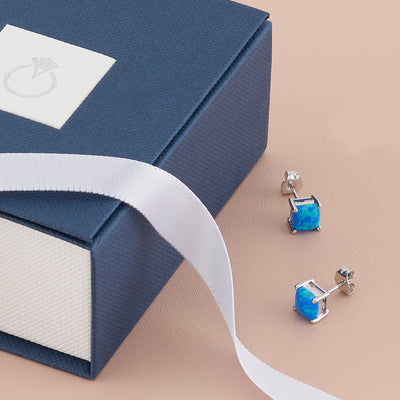 14K White Gold Cushion Cut Created Blue Opal Stud Earrings