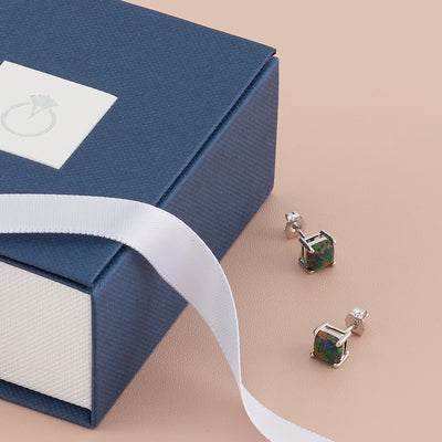 14K White Gold Cushion Cut Created Black Opal Stud Earrings E19200-gift box