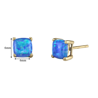 Blue Opal Stud Earrings 14K Yellow Gold Cushion Cut 1 Carat