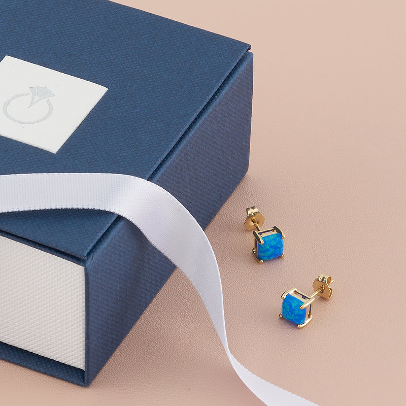 14K Yellow Gold Cushion Cut Created Blue Opal Stud Earrings