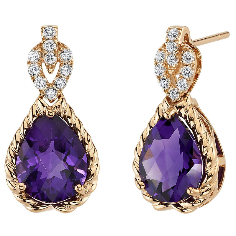 Pear Shape Amethyst and Diamond Infinity Teardrop Dangle Earrings 14K Rose Gold 4.25 Carats Total