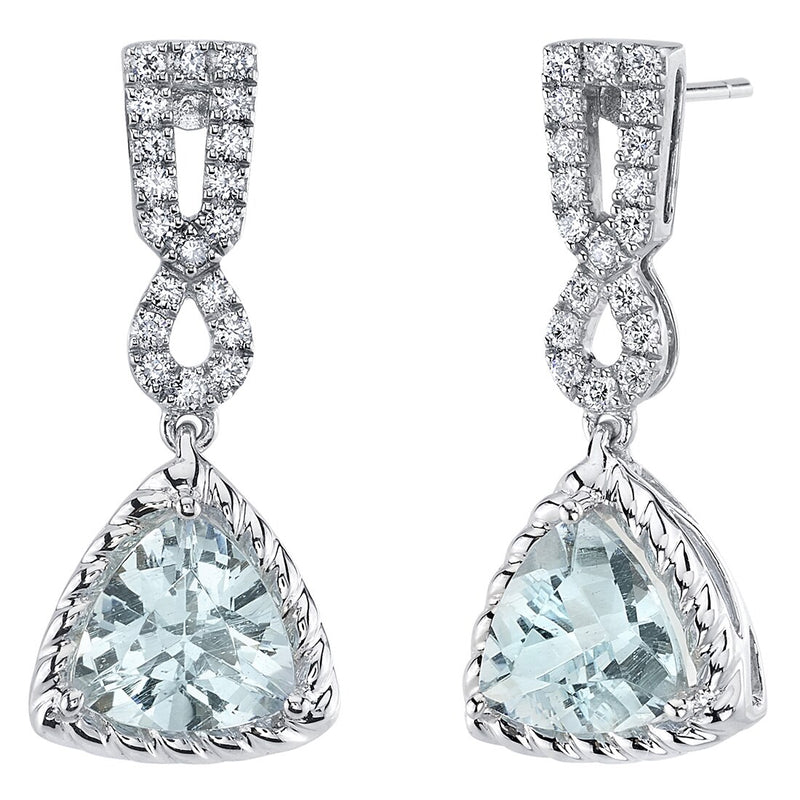 Aquamarine and Lab Grown Diamond Cable Dangle Halo Earrings in 14 Karat White Gold, Trillion Cut, 4.38 Carats total, Friction Backs