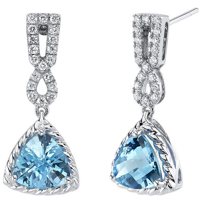 Trillion Shape Swiss Blue Topaz and Diamond Cable Dangle Halo Earrings 14K White Gold 4.35 Carats Total