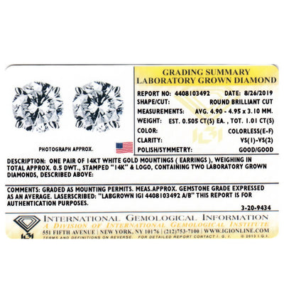 Igi Certified 1 Carat Total Lab Grown Diamond Stud Earrings In 14K White Gold E19218 IGI certificate