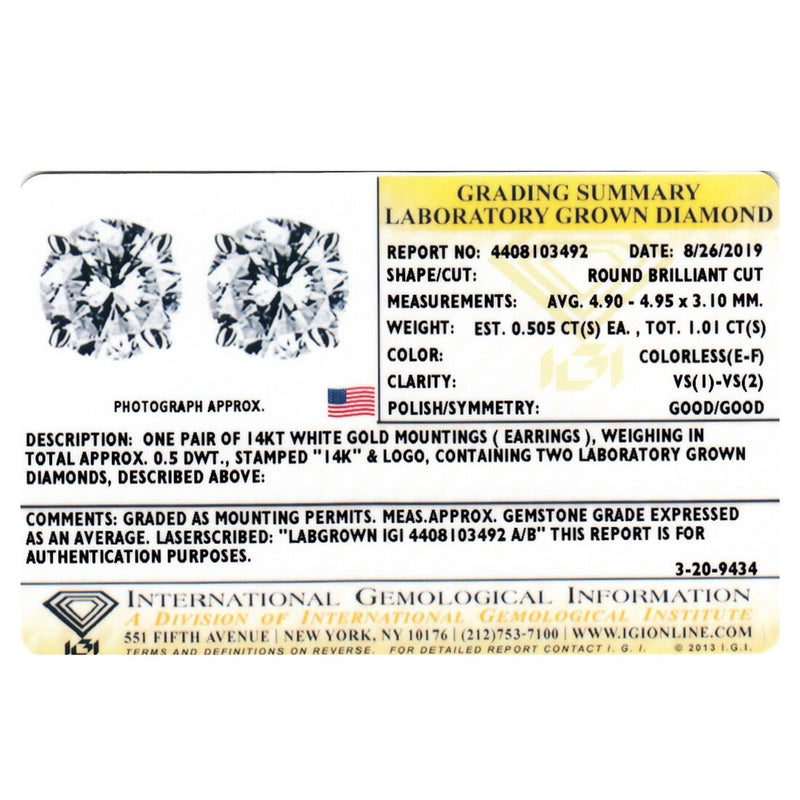 Igi Certified 1 Carat Total Lab Grown Diamond Stud Earrings In 14K Yellow Gold E19220 IGI certificate