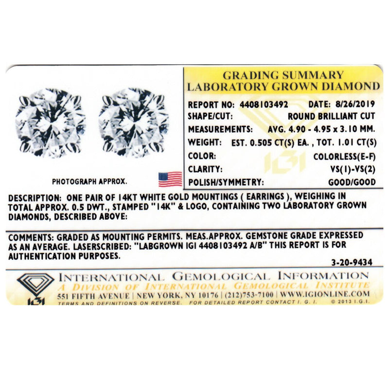 Igi Certified 1 Carat Total Lab Grown Diamond Stud Earrings In 14K Rose Gold E19222 IGI certificate