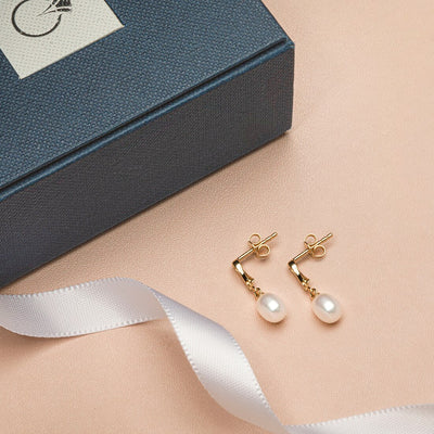 Freshwater Cultured White Pearl Drop Earrings In 14K Yellow Gold Infinity Swirl Baroque Oval Shape 7X5Mm E19258 complimentary gift box