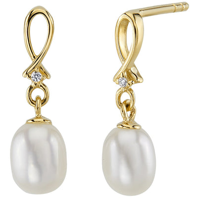 Freshwater Cultured White Pearl Infinity Swirl Drop Earrings 14K Yellow Gold Baroque Oval Shape