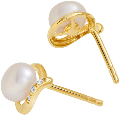 Freshwater Cultured White Pearl Stud Earrings In 14K Yellow Gold Round Button Shape 6 50Mm Teardrop Halo Solitaire E19260 alternate view and angle