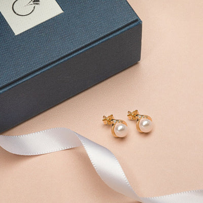 Freshwater Cultured White Pearl Stud Earrings In 14K Yellow Gold Round Button Shape 6 50Mm Teardrop Halo Solitaire E19260 complimentary gift box