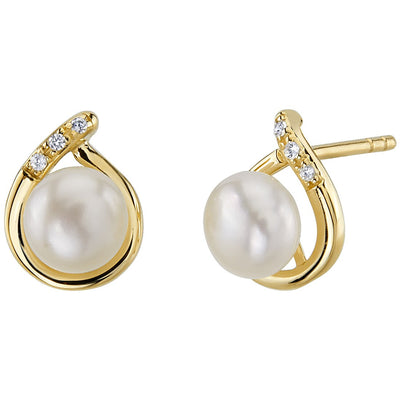 Freshwater Cultured White Pearl Stud Earrings in 14K Yellow Gold, Round Button Shape, 6.50mm Teardrop Halo Solitaire