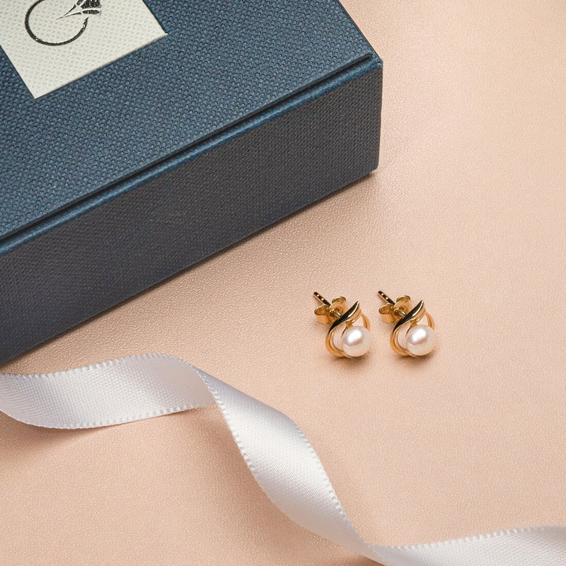 Freshwater Cultured White Pearl Teardrop Stud Earrings In 14K Yellow Gold 5Mm Round Button Shape E19262 complimentary gift box