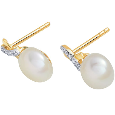 Freshwater Cultured 7mm White Pearl Open Infinity Solitaire Stud Earrings 14K Yellow Gold