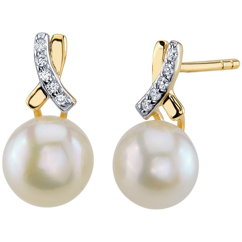 Freshwater Cultured 7mm White Pearl Open Infinity Solitaire Stud Earrings 14K Yellow Gold