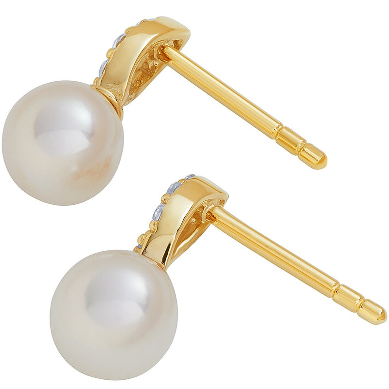 Freshwater Cultured White Pearl Stud Earrings In 14K Yellow Gold Round Shape 7Mm Open Ring Solitaire E19266 alternate view and angle
