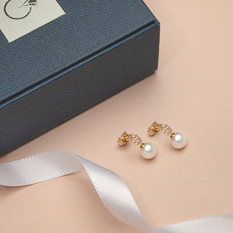 Freshwater Cultured White Pearl Stud Earrings In 14K Yellow Gold Round Shape 6Mm Empress Solitaire E19270 complimentary gift box