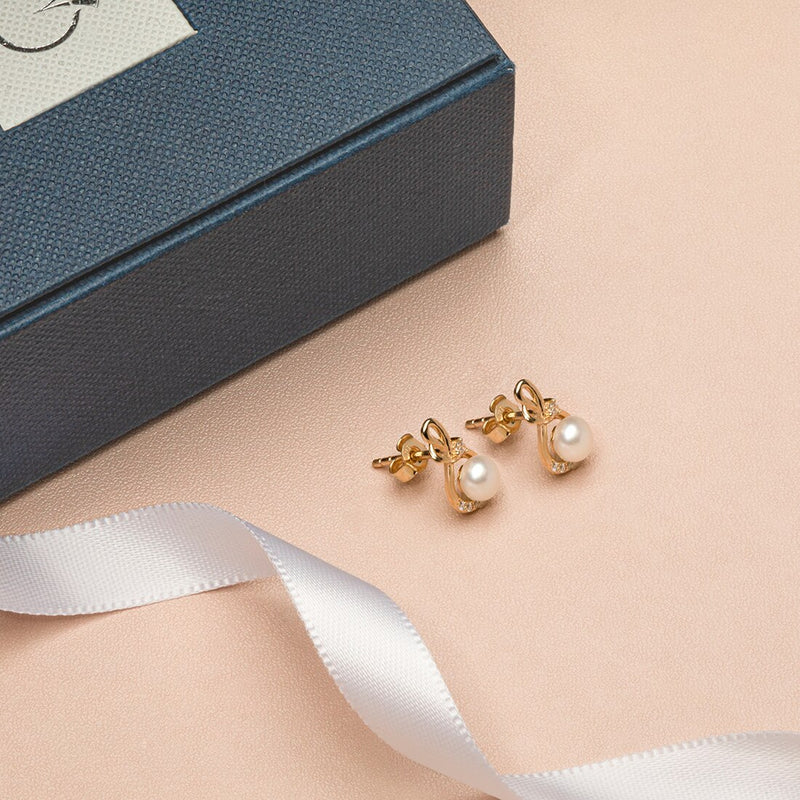 Freshwater Cultured White Pearl Stud Earrings In 14K Yellow Gold Round Button Shape 5Mm Infinity Swirl Solitaire E19268 complimentary gift box