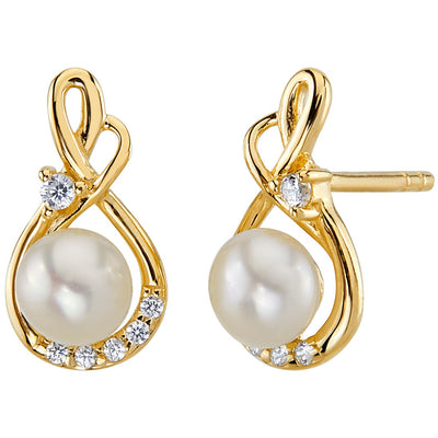 Freshwater Cultured 5mm White Pearl Infinity Swirl Solitaire Stud Earrings 14K Yellow Gold