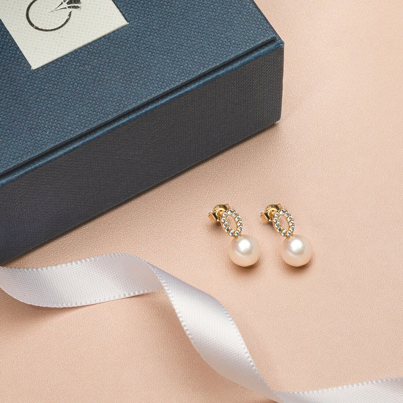 Freshwater Cultured White Pearl Stud Earrings In 14K Yellow Gold Round Shape 7Mm Open Ring Solitaire E19266 complimentary gift box