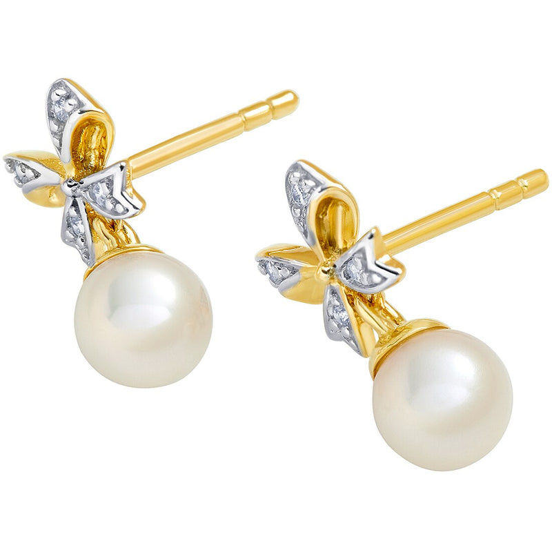 Freshwater Cultured White Pearl Drop Earrings In 14K Yellow Gold Round Shape 5Mm Pretty Bow Dangle Design E19272 alternate view and angle
